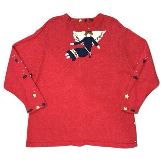 Vintage Quacker Factory Christmas Sweater Angels Cardigan Sz 1X Red Embroidered - Picture 2 of 10